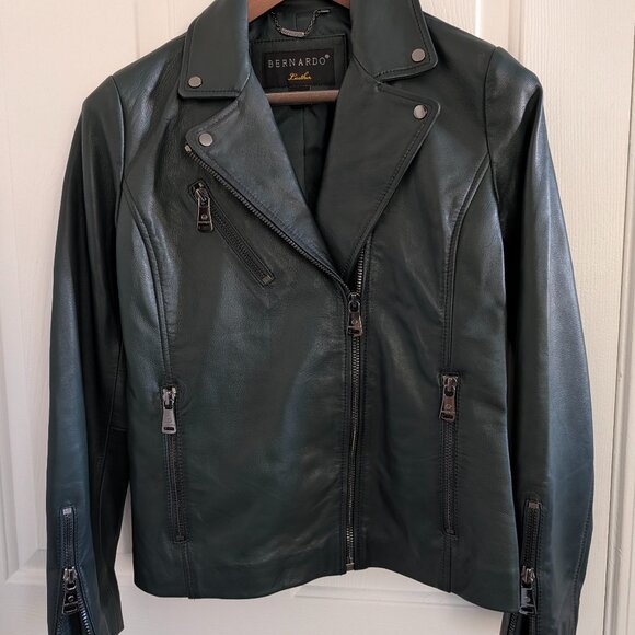 NWOT Bernardo Asymmetric Zip Leather Moto Jacket Women XS Deep Green - Picture 1 of 3